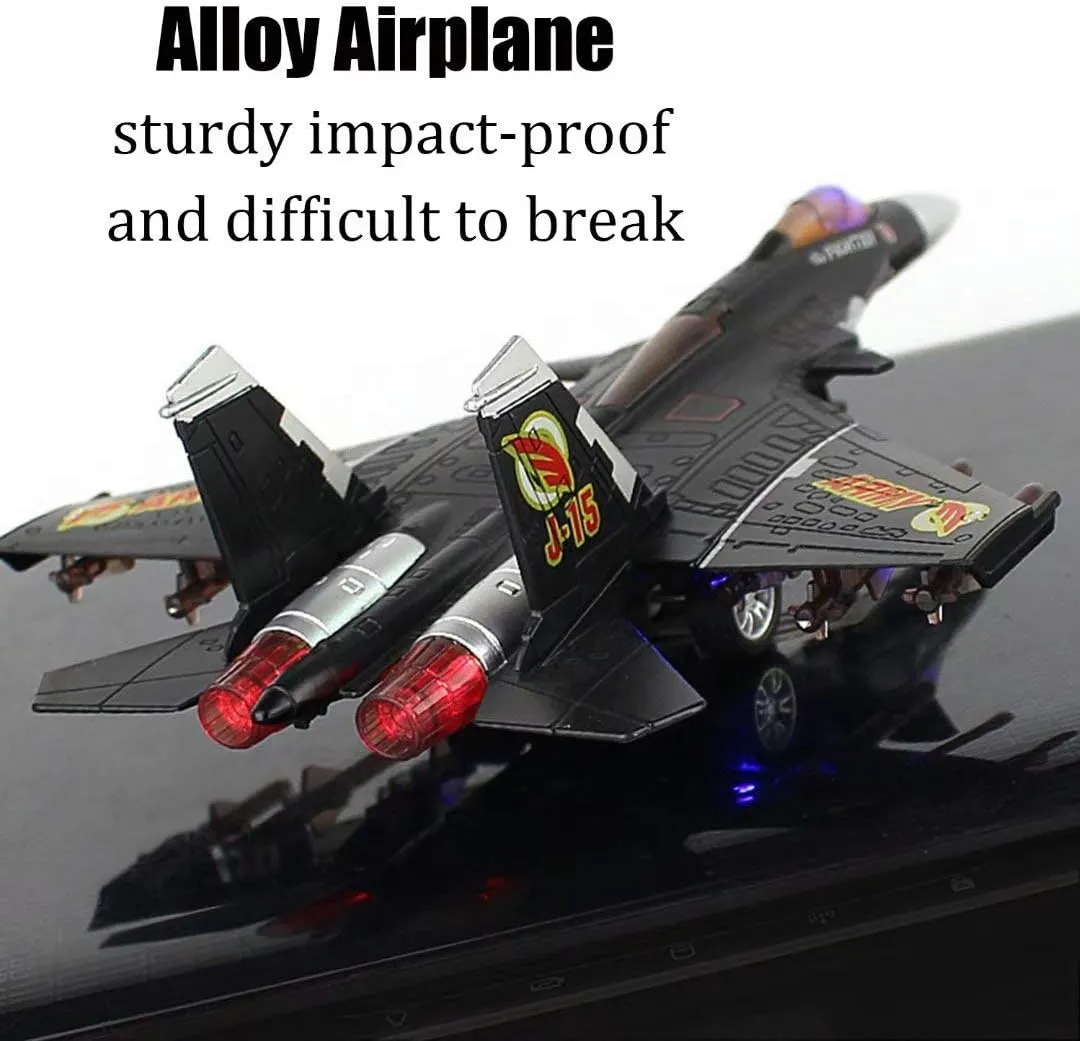 Toy Airplane Model Planes Alloy Pull Back Fighter for Boys with Flashing Lights, Real Jet Sound (Black)