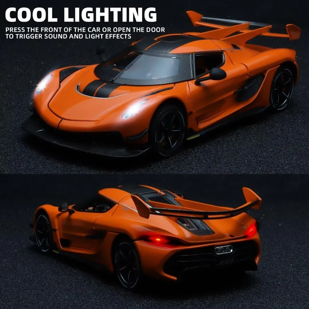 Toy Cars for Boys 1/24 Jesko Metal Die Cast Toy Cars,Collectibles Jesko Model Car,Pull Back Jesko Toy Car with Light and Sound,Cars Gifts for Age 3  Year Old Boys（Orange）