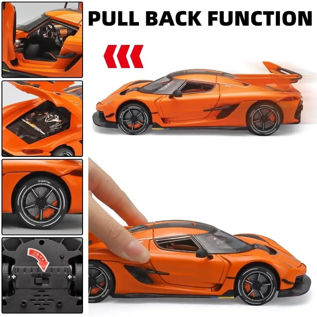Toy Cars for Boys 1/24 Jesko Metal Die Cast Toy Cars,Collectibles Jesko Model Car,Pull Back Jesko Toy Car with Light and Sound,Cars Gifts for Age 3  Year Old Boys（Orange）