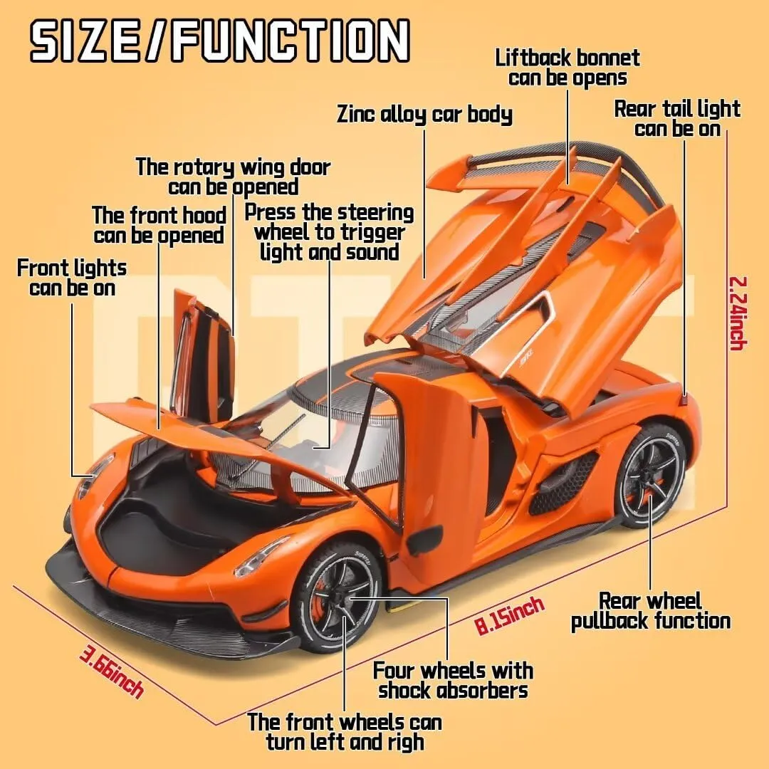 Toy Cars for Boys 1/24 Jesko Metal Die Cast Toy Cars,Collectibles Jesko Model Car,Pull Back Jesko Toy Car with Light and Sound,Cars Gifts for Age 3  Year Old Boys（Orange）