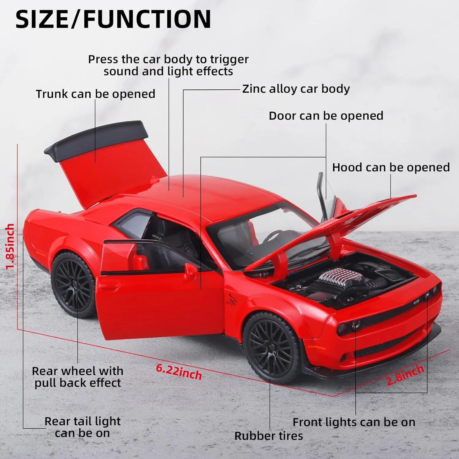 Toy Cars for Kids 1/32 Challenger Hellcat Die Cast Metal Toy Cars,Pull Back Hellcat CarWith Light and Music Hellcat Toy Car Collectible Model Cars,for Boys Age 3   Year Old（Red）