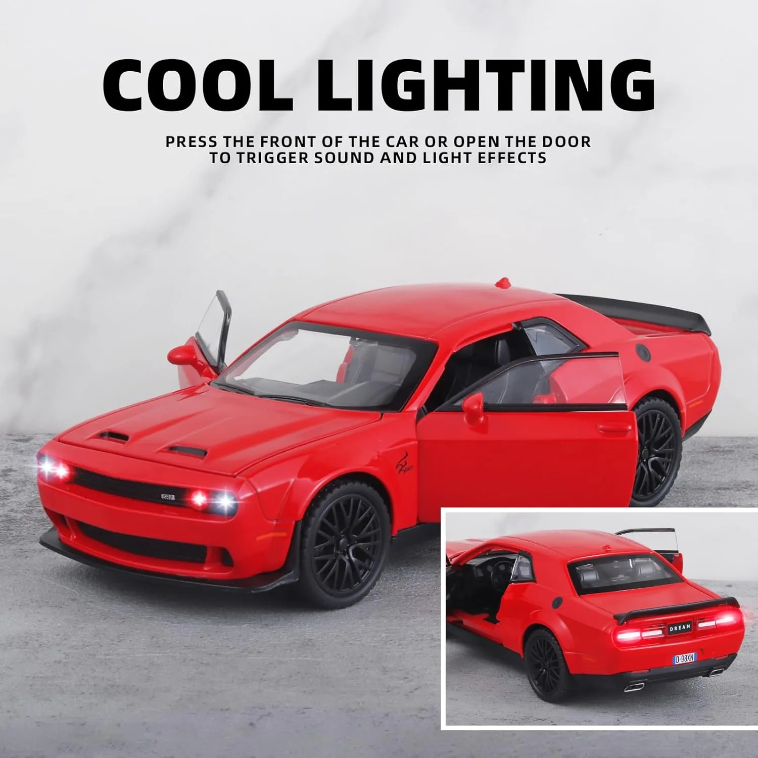Toy Cars for Kids 1/32 Challenger Hellcat Die Cast Metal Toy Cars,Pull Back Hellcat CarWith Light and Music Hellcat Toy Car Collectible Model Cars,for Boys Age 3   Year Old（Red）