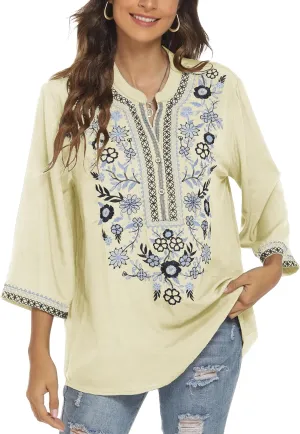 Traditional Mexican Embroidered Peasant Tops for Women, Plus Size Vintage Floral Tunic Shirts, Flowers Embroidery Blouses