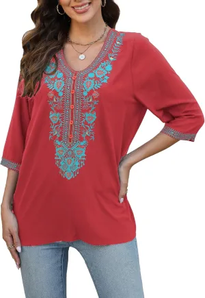 Traditional Mexican Embroidered Peasant Tops for Women, Plus Size Vintage Floral Tunic Shirts, Flowers Embroidery Blouses