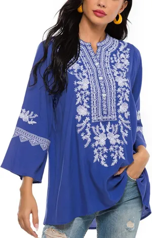 Traditional Mexican Embroidered Peasant Tops for Women, Plus Size Vintage Floral Tunic Shirts, Flowers Embroidery Blouses
