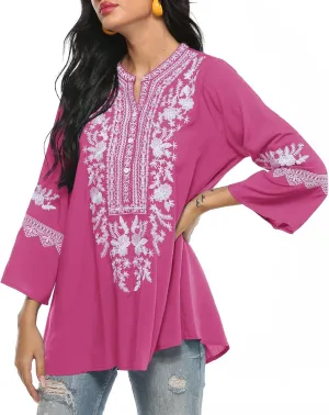 Traditional Mexican Embroidered Peasant Tops for Women, Plus Size Vintage Floral Tunic Shirts, Flowers Embroidery Blouses