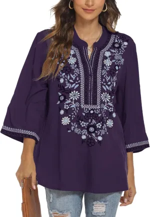Traditional Mexican Embroidered Peasant Tops for Women, Plus Size Vintage Floral Tunic Shirts, Flowers Embroidery Blouses