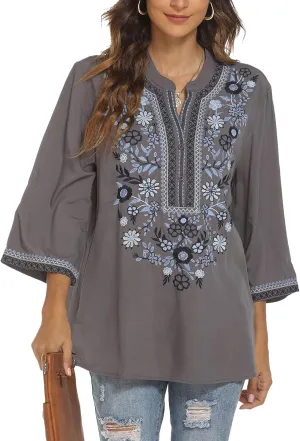 Traditional Mexican Embroidered Peasant Tops for Women, Plus Size Vintage Floral Tunic Shirts, Flowers Embroidery Blouses