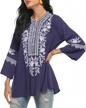 Traditional Mexican Embroidered Peasant Tops for Women, Plus Size Vintage Floral Tunic Shirts, Flowers Embroidery Blouses