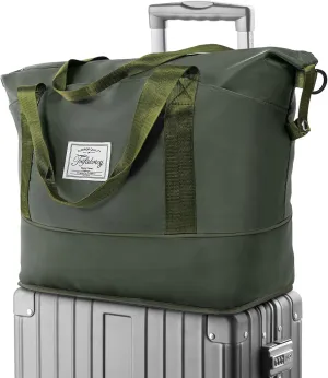 Travel Duffel Bag - Large Shoulder Weekender Overnight Bag, Carry on Bag with Wet Pocket, Waterproof Expandable Duffel Bag with Trolley Sleeve, Sports Tote Gym Bag for Women, Olive Green