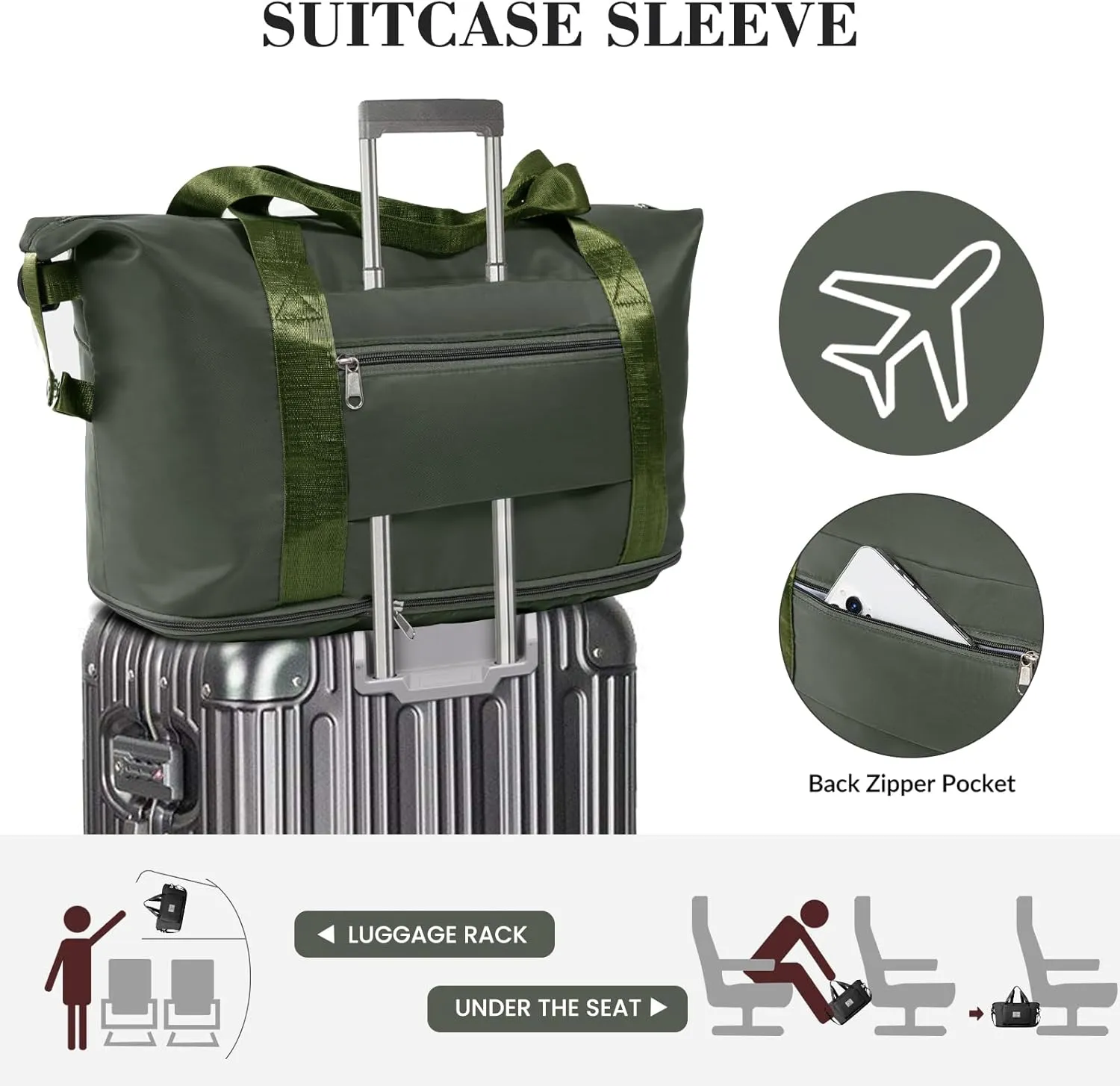 Travel Duffel Bag - Large Shoulder Weekender Overnight Bag, Carry on Bag with Wet Pocket, Waterproof Expandable Duffel Bag with Trolley Sleeve, Sports Tote Gym Bag for Women, Olive Green