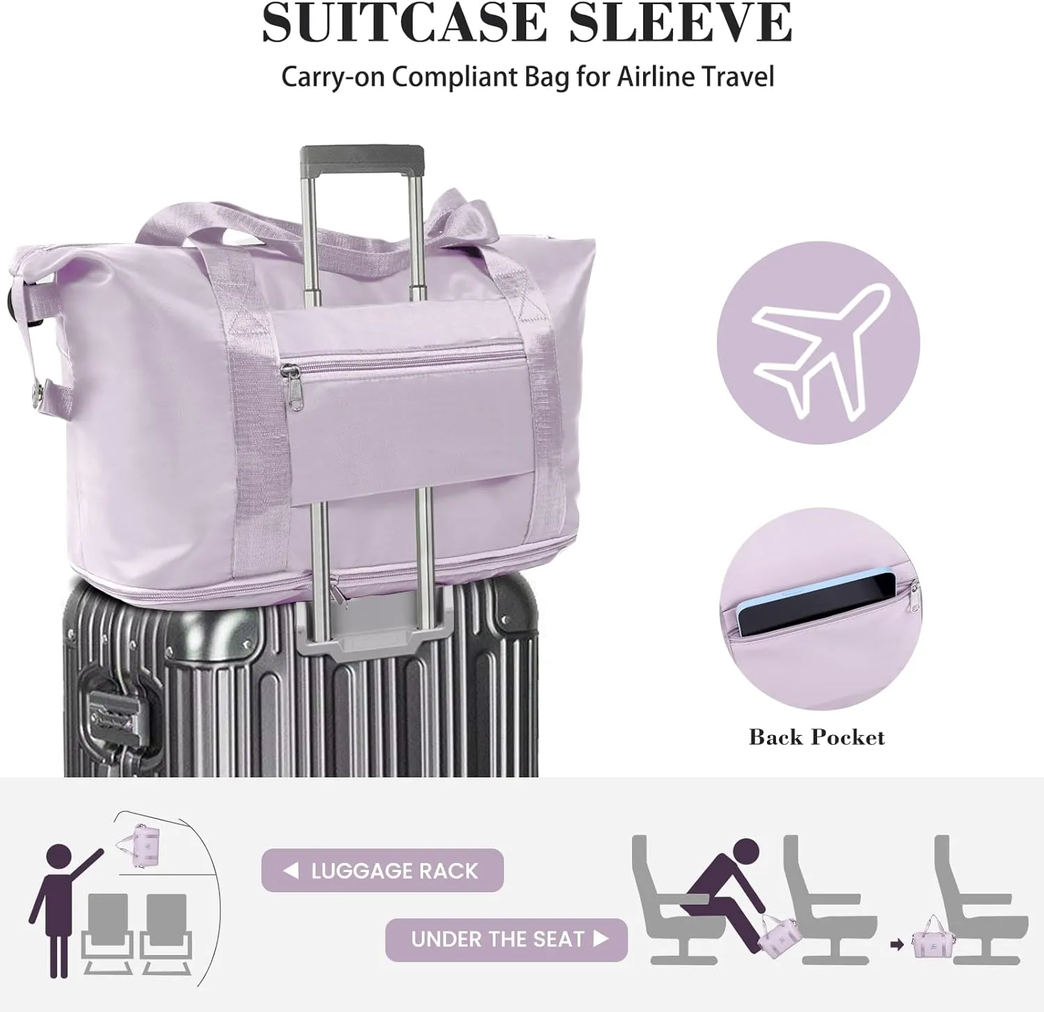 Travel Duffel Bag - Large Shoulder Weekender Overnight Bag, Carry on Bag with Wet Pocket, Waterproof Expandable Duffel Bag with Trolley Sleeve, Sports Tote Gym Bag for Women, Purple