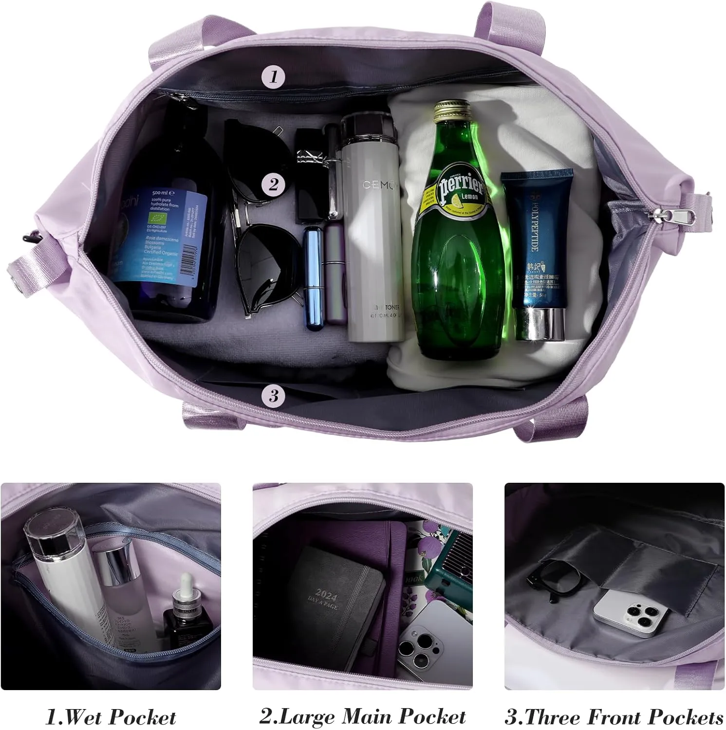 Travel Duffel Bag - Large Shoulder Weekender Overnight Bag, Carry on Bag with Wet Pocket, Waterproof Expandable Duffel Bag with Trolley Sleeve, Sports Tote Gym Bag for Women, Purple