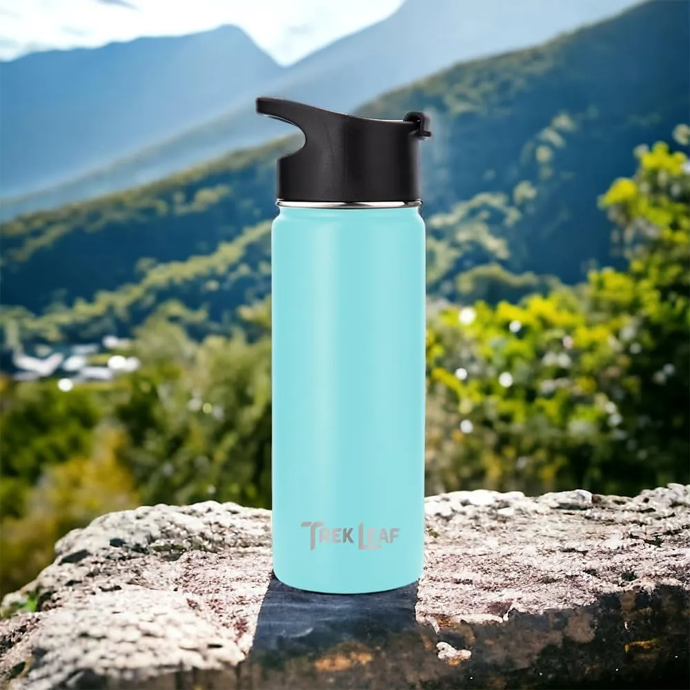 Travel Water Bottle with 3 Lids (Spout, Straw, Flip) Leak Proof, Quality, Vacuum Insulated, Stainless Steel (Caribbean, 18 oz)