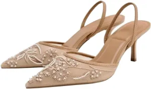 Trendenzy Women's Mesh Slingback Heels Closed Pointed Toe Slip On Pumps Ankle Strap Stiletto Sandals Pearl Wedding Shoes