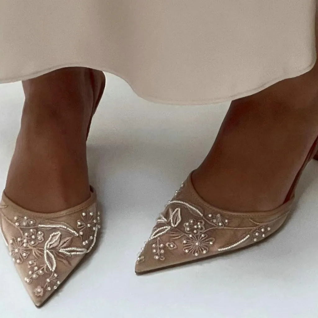 Trendenzy Women's Mesh Slingback Heels Closed Pointed Toe Slip On Pumps Ankle Strap Stiletto Sandals Pearl Wedding Shoes