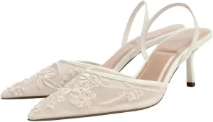 Trendenzy Women's Mesh Slingback Heels Closed Pointed Toe Slip On Pumps Ankle Strap Stiletto Sandals Pearl Wedding Shoes