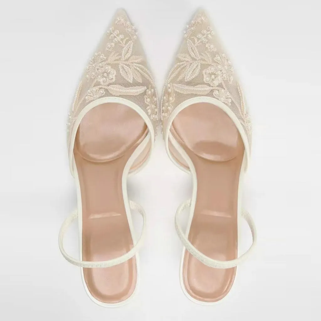 Trendenzy Women's Mesh Slingback Heels Closed Pointed Toe Slip On Pumps Ankle Strap Stiletto Sandals Pearl Wedding Shoes