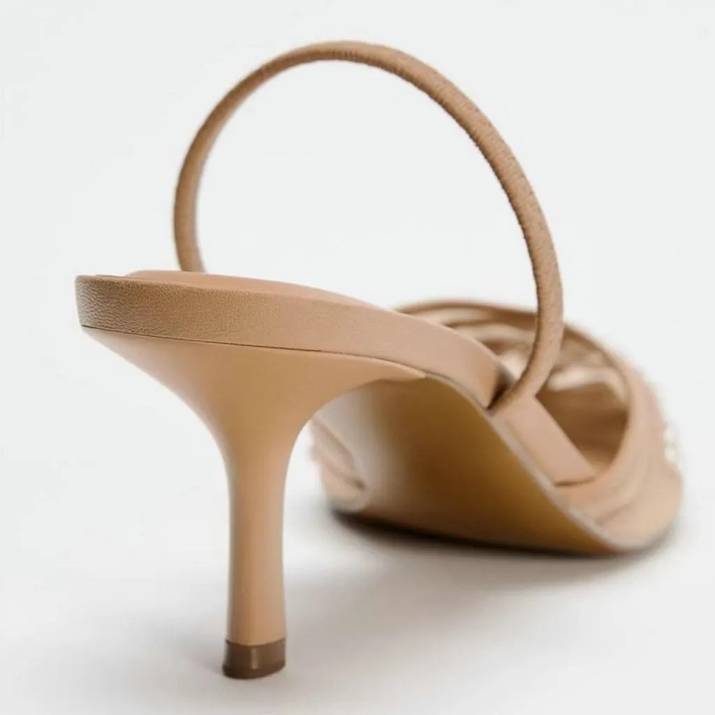 Trendenzy Women's Mesh Slingback Heels Closed Pointed Toe Slip On Pumps Ankle Strap Stiletto Sandals Pearl Wedding Shoes