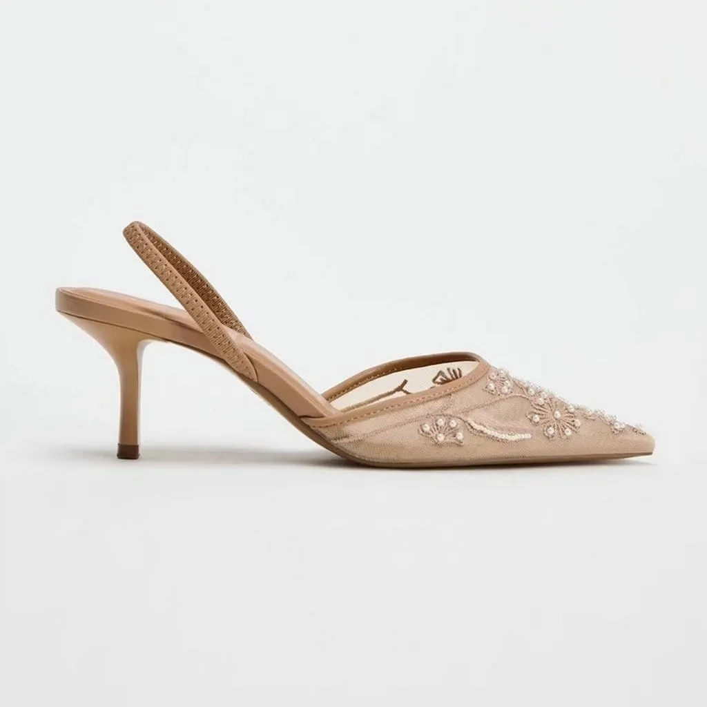 Trendenzy Women's Mesh Slingback Heels Closed Pointed Toe Slip On Pumps Ankle Strap Stiletto Sandals Pearl Wedding Shoes