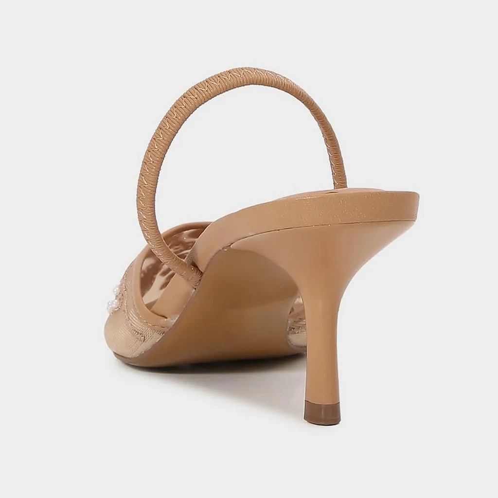 Trendenzy Women's Mesh Slingback Heels Closed Pointed Toe Slip On Pumps Ankle Strap Stiletto Sandals Pearl Wedding Shoes