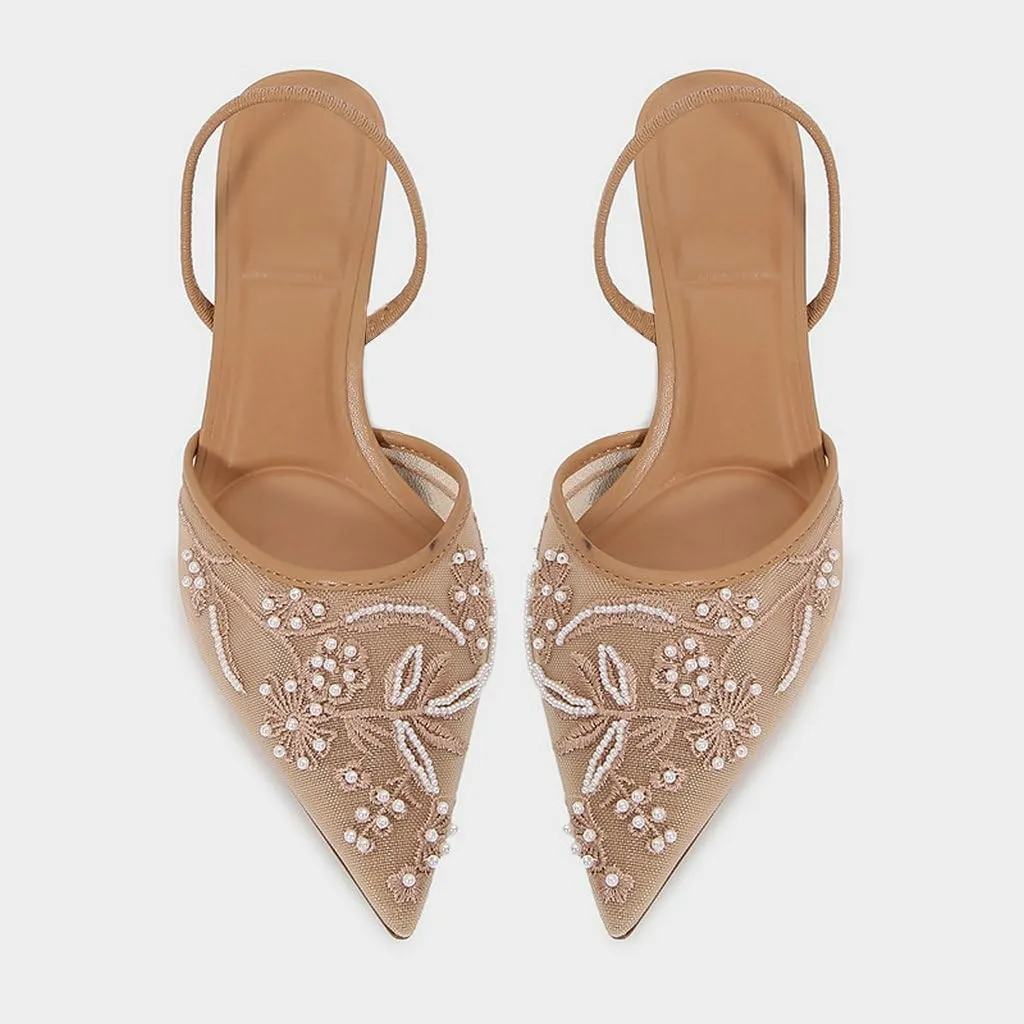 Trendenzy Women's Mesh Slingback Heels Closed Pointed Toe Slip On Pumps Ankle Strap Stiletto Sandals Pearl Wedding Shoes