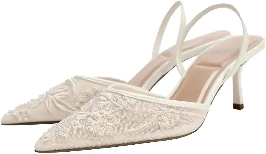 Trendenzy Women's Mesh Slingback Heels Closed Pointed Toe Slip On Pumps Ankle Strap Stiletto Sandals Pearl Wedding Shoes