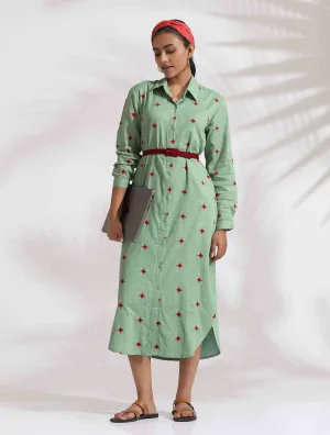 trueBrowns Green Cotton Embroidered Shirt Dress