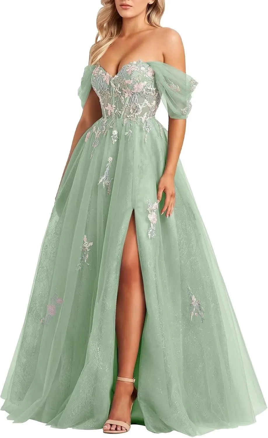 Tulle Embroidery Prom Dresses for Women 2025 Sparkly Off The Shoulder Corset A-Line Formal Ball Gown with Slit
