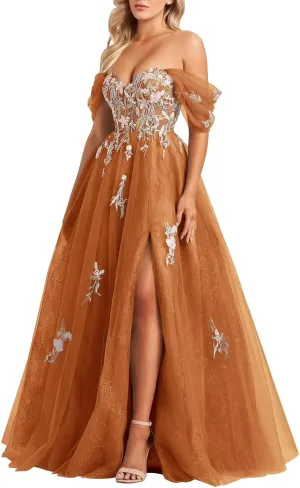 Tulle Embroidery Prom Dresses for Women 2025 Sparkly Off The Shoulder Corset A-Line Formal Ball Gown with Slit