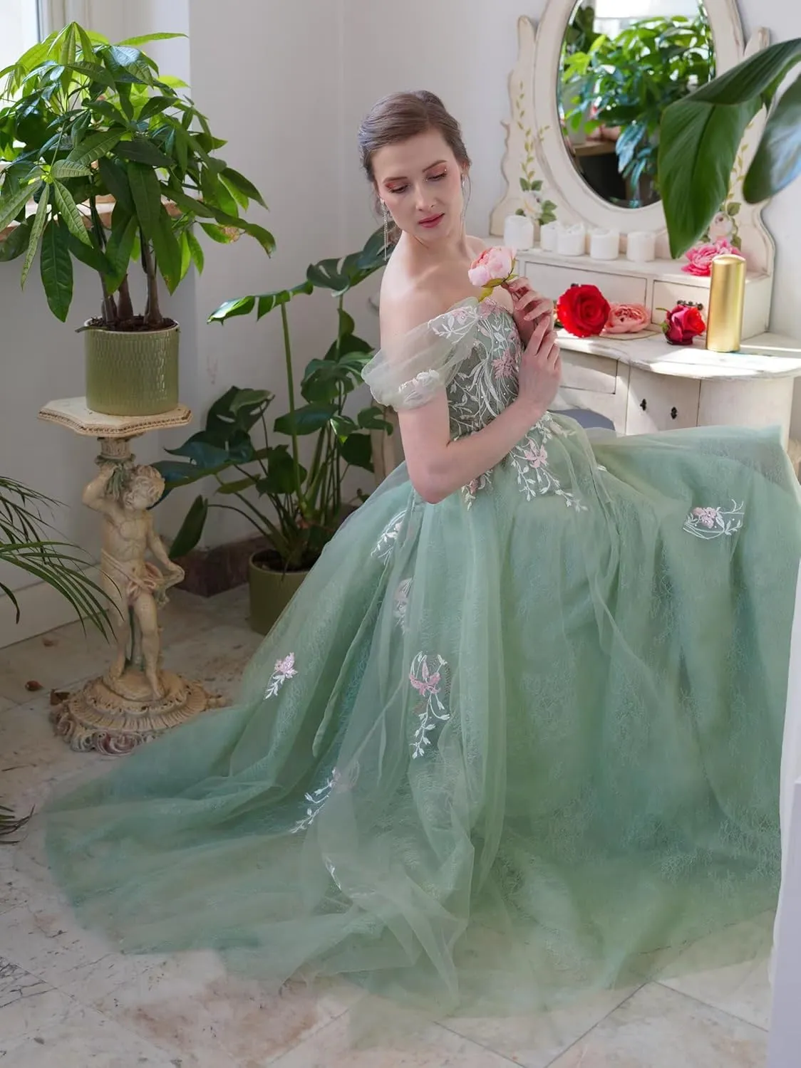 Tulle Embroidery Prom Dresses for Women 2025 Sparkly Off The Shoulder Corset A-Line Formal Ball Gown with Slit