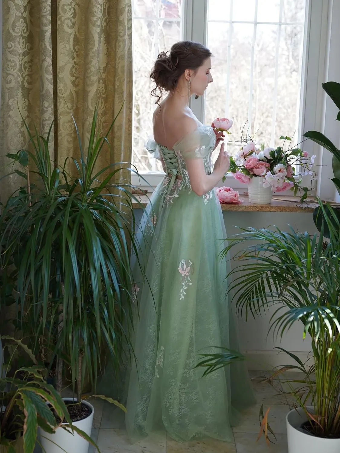 Tulle Embroidery Prom Dresses for Women 2025 Sparkly Off The Shoulder Corset A-Line Formal Ball Gown with Slit