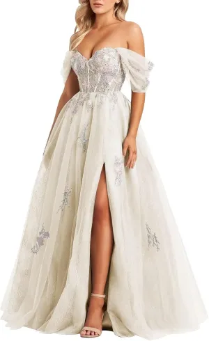 Tulle Embroidery Prom Dresses for Women 2025 Sparkly Off The Shoulder Corset A-Line Formal Ball Gown with Slit