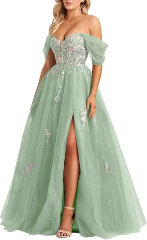 Tulle Embroidery Prom Dresses for Women 2025 Sparkly Off The Shoulder Corset A-Line Formal Ball Gown with Slit