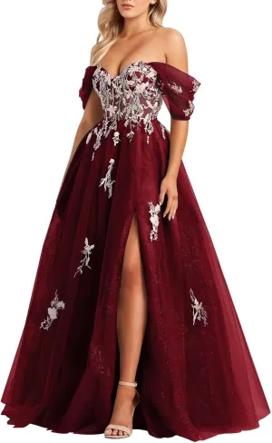 Tulle Embroidery Prom Dresses for Women 2025 Sparkly Off The Shoulder Corset A-Line Formal Ball Gown with Slit