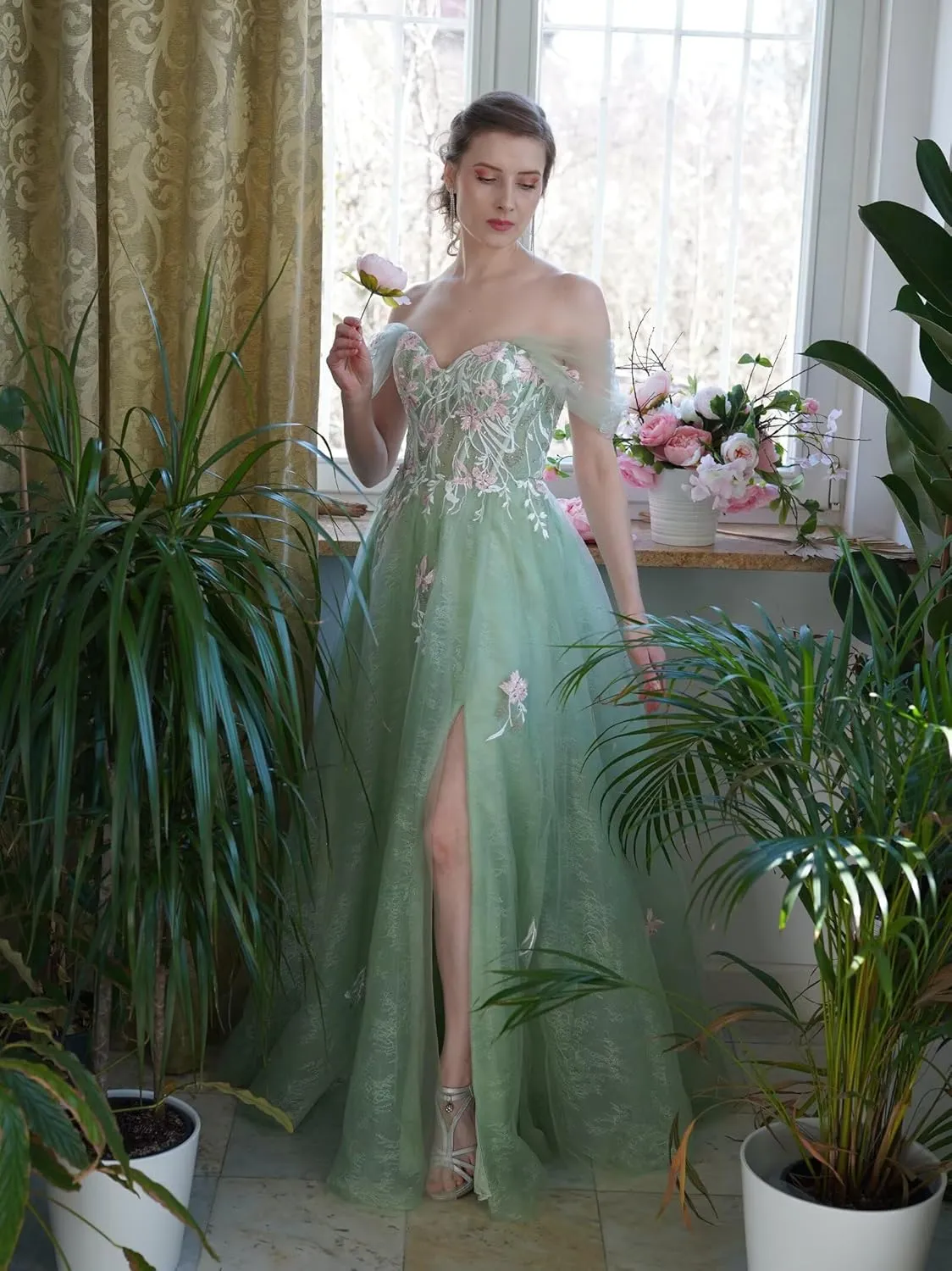 Tulle Embroidery Prom Dresses for Women 2025 Sparkly Off The Shoulder Corset A-Line Formal Ball Gown with Slit