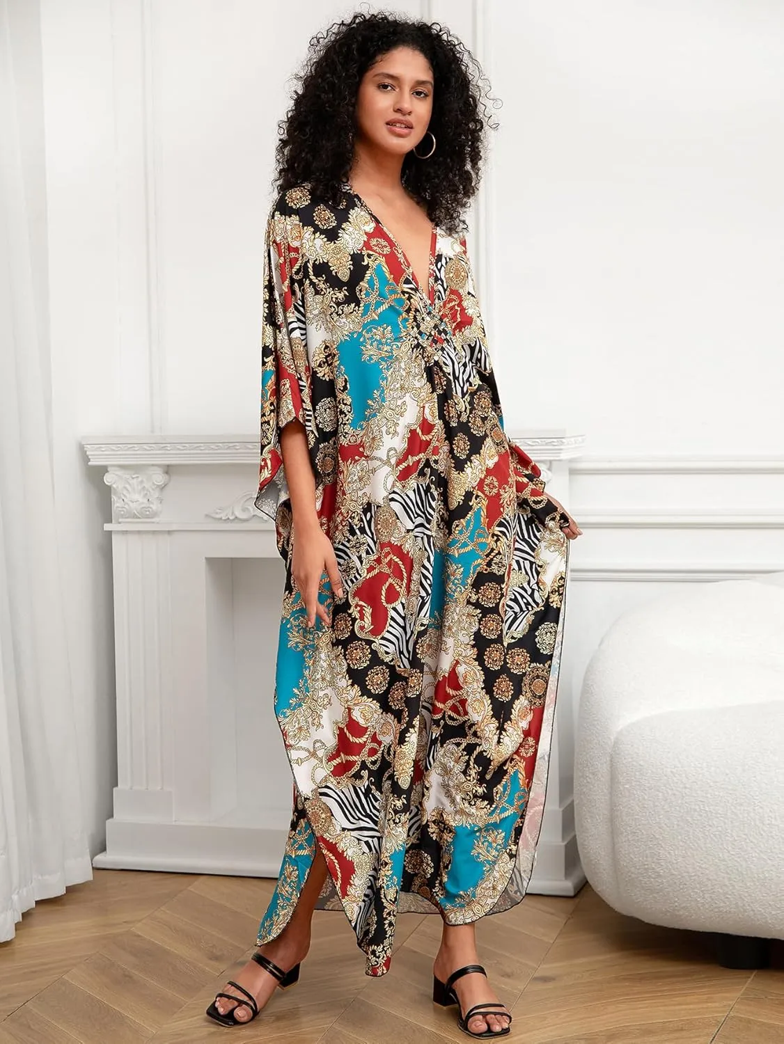 Turkish Silk Caftans - Wrinkle Resistant Ethnic & Floral Print Over-Sized Kaftans for Women - Lounge Wear 8693