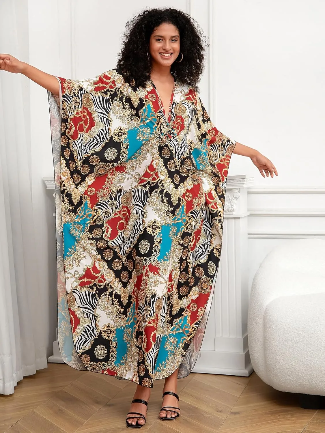 Turkish Silk Caftans - Wrinkle Resistant Ethnic & Floral Print Over-Sized Kaftans for Women - Lounge Wear 8693