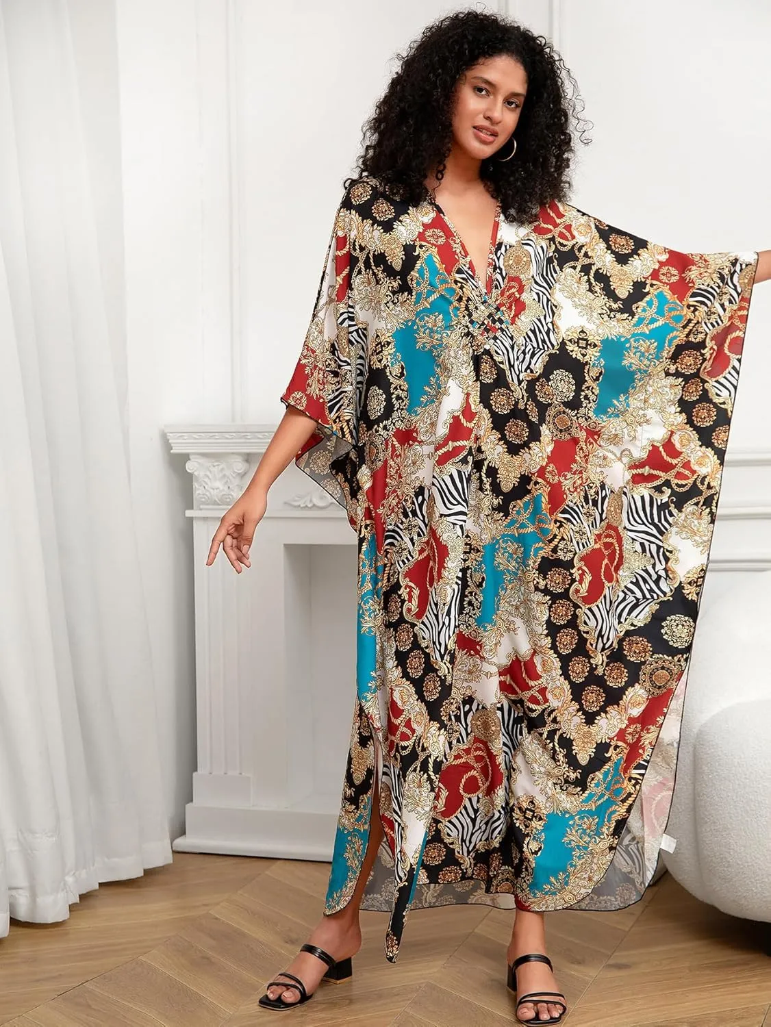 Turkish Silk Caftans - Wrinkle Resistant Ethnic & Floral Print Over-Sized Kaftans for Women - Lounge Wear 8693