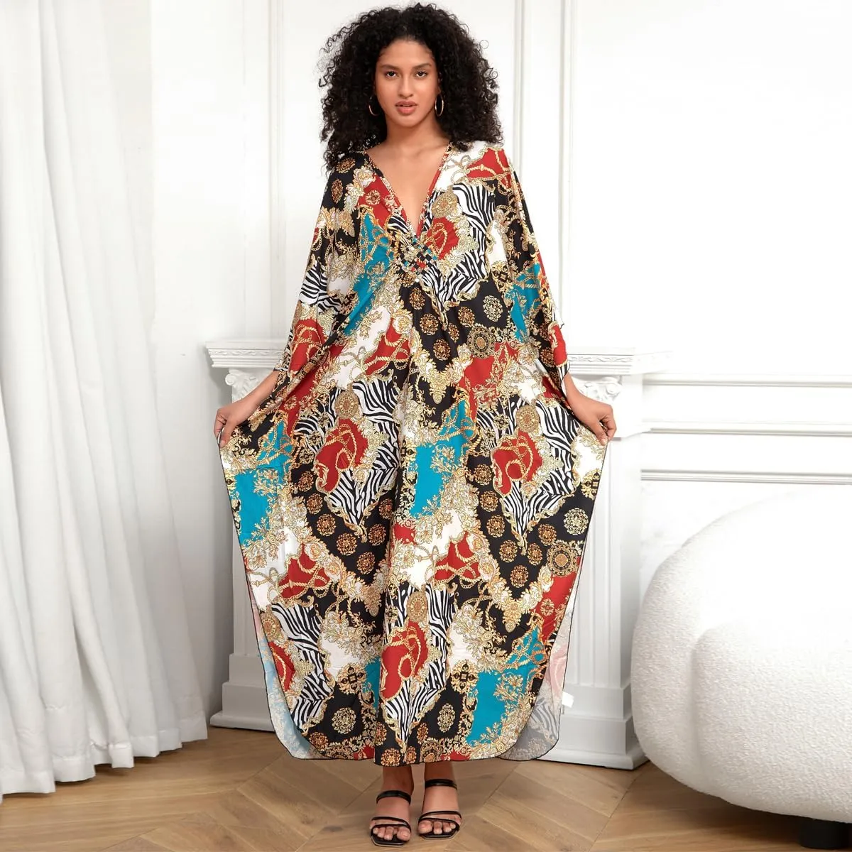 Turkish Silk Caftans - Wrinkle Resistant Ethnic & Floral Print Over-Sized Kaftans for Women - Lounge Wear 8693