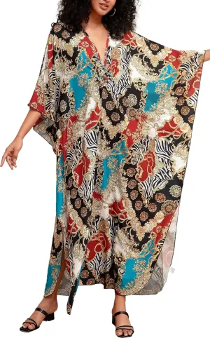 Turkish Silk Caftans - Wrinkle Resistant Ethnic & Floral Print Over-Sized Kaftans for Women - Lounge Wear 8693