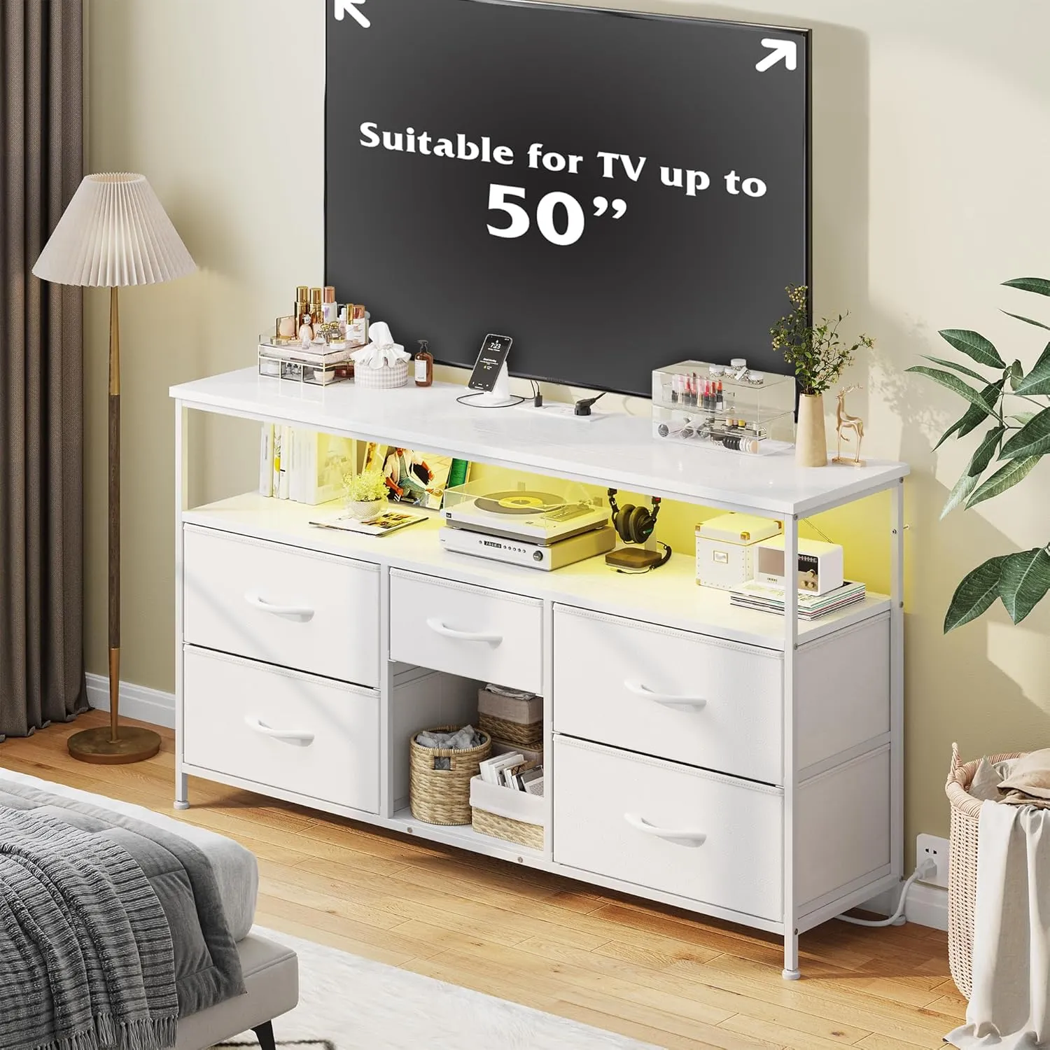 TV Stand Dresser with LED Lights & Power Outlets, Entertainment Center for 50" Inch TV, 5 Drawers TV Stand for Bedroom Dresser with Shelves for Living Room, Sturdy Metal Frame, White