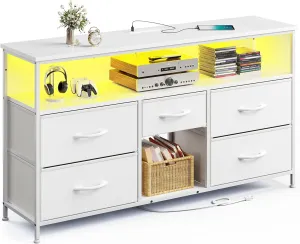 TV Stand Dresser with LED Lights & Power Outlets, Entertainment Center for 50" Inch TV, 5 Drawers TV Stand for Bedroom Dresser with Shelves for Living Room, Sturdy Metal Frame, White