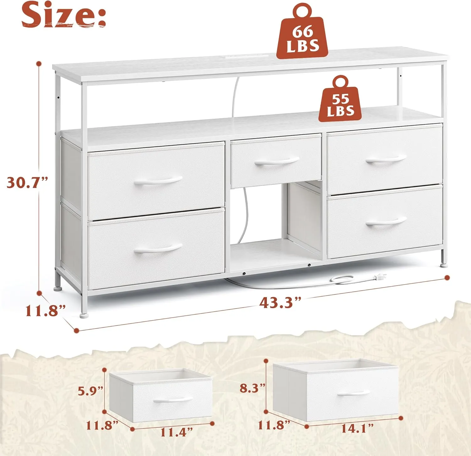 TV Stand Dresser with LED Lights & Power Outlets, Entertainment Center for 50" Inch TV, 5 Drawers TV Stand for Bedroom Dresser with Shelves for Living Room, Sturdy Metal Frame, White