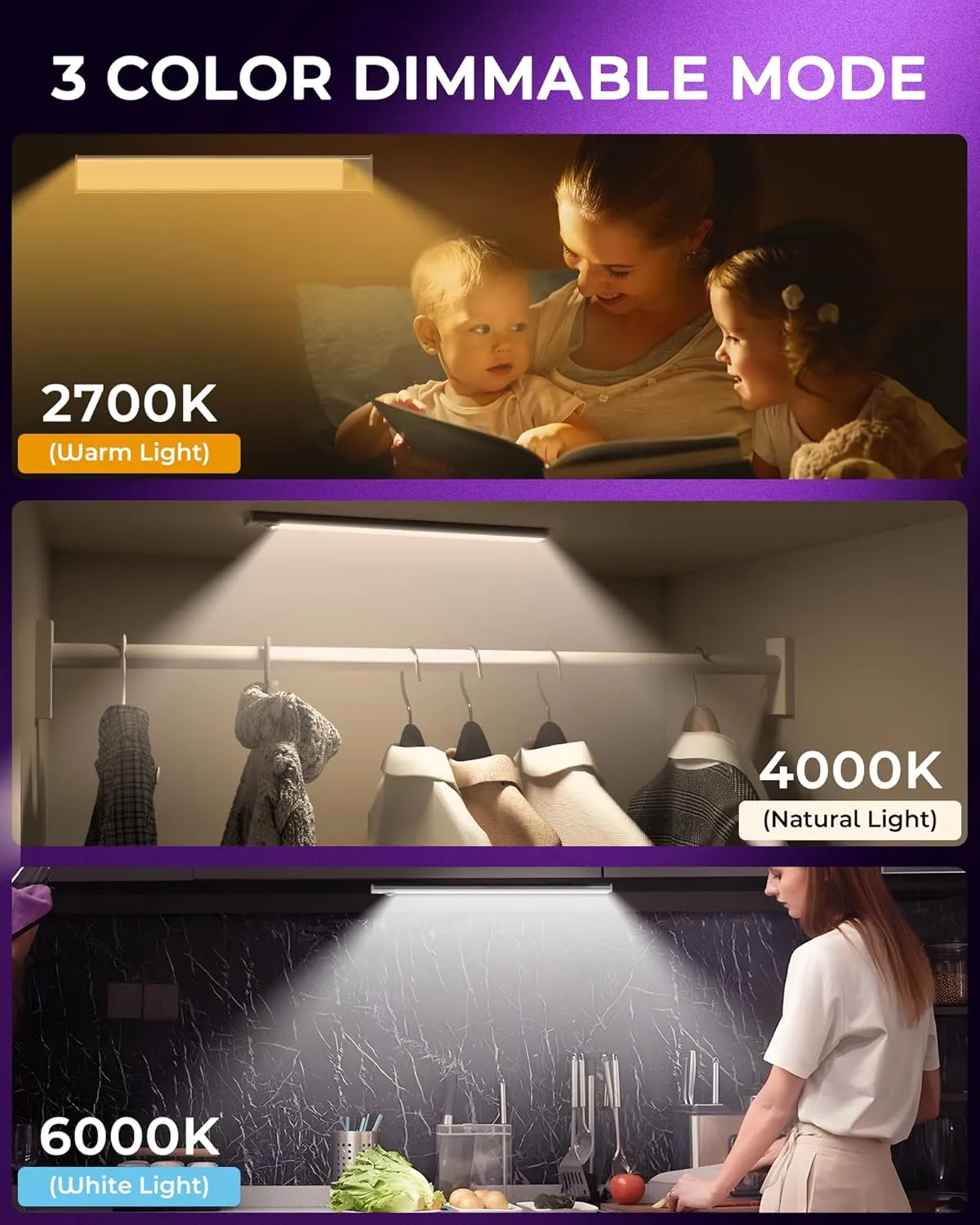 Under Cabinet Lights Motion Sensor Light Indoor,3-Light Colors, 2500mAh Rechargeable LED Closet Lights Battery Operated Under Cabinet Lighting Wireless (3-Light Colors, 2Pack)