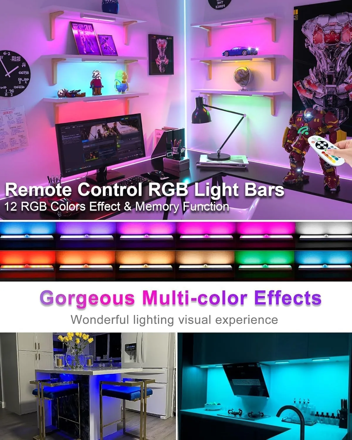 Under Cabinet Lights Wireless, 58-LED Rechargeable Motion Sensor Closet Lights with Remote Control, RGB Color Changing Under Counter Lights for Kitchen, Pantry, Bedroom, Stairs, 2 Pack