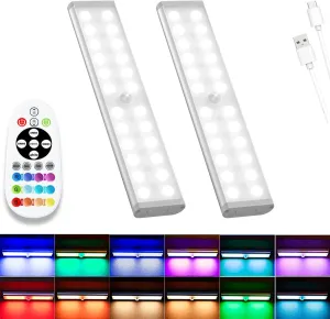Under Cabinet Lights Wireless, 58-LED Rechargeable Motion Sensor Closet Lights with Remote Control, RGB Color Changing Under Counter Lights for Kitchen, Pantry, Bedroom, Stairs, 2 Pack