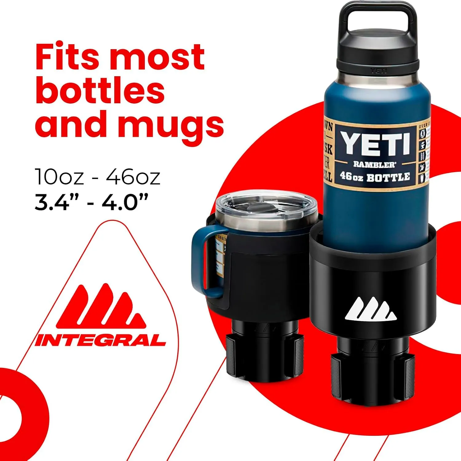 [Upgraded] Integral Ultimate Car Cup Holder Expander - Adjustable Base - Organizer & Expander for Vehicles - Compatible with Mugs, Yeti 14/24/36/46oz, Rambler, Hydro Flasks 32/40oz, 3.4"-4.0" Bottles