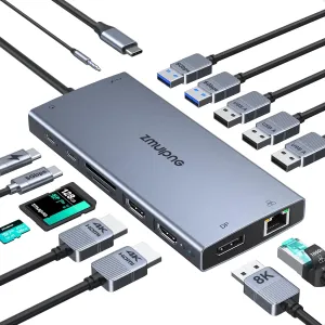 USB C Laptop Docking Station with 2 HDMI 4K@60Hz DP 8K@30Hz for Dell HP Thinkpad Surface, 15 in 1 USB C Hub Triple Display Multiple Adapter, Dongle with USB A Port Button PD Ethernet SD/TF Audio