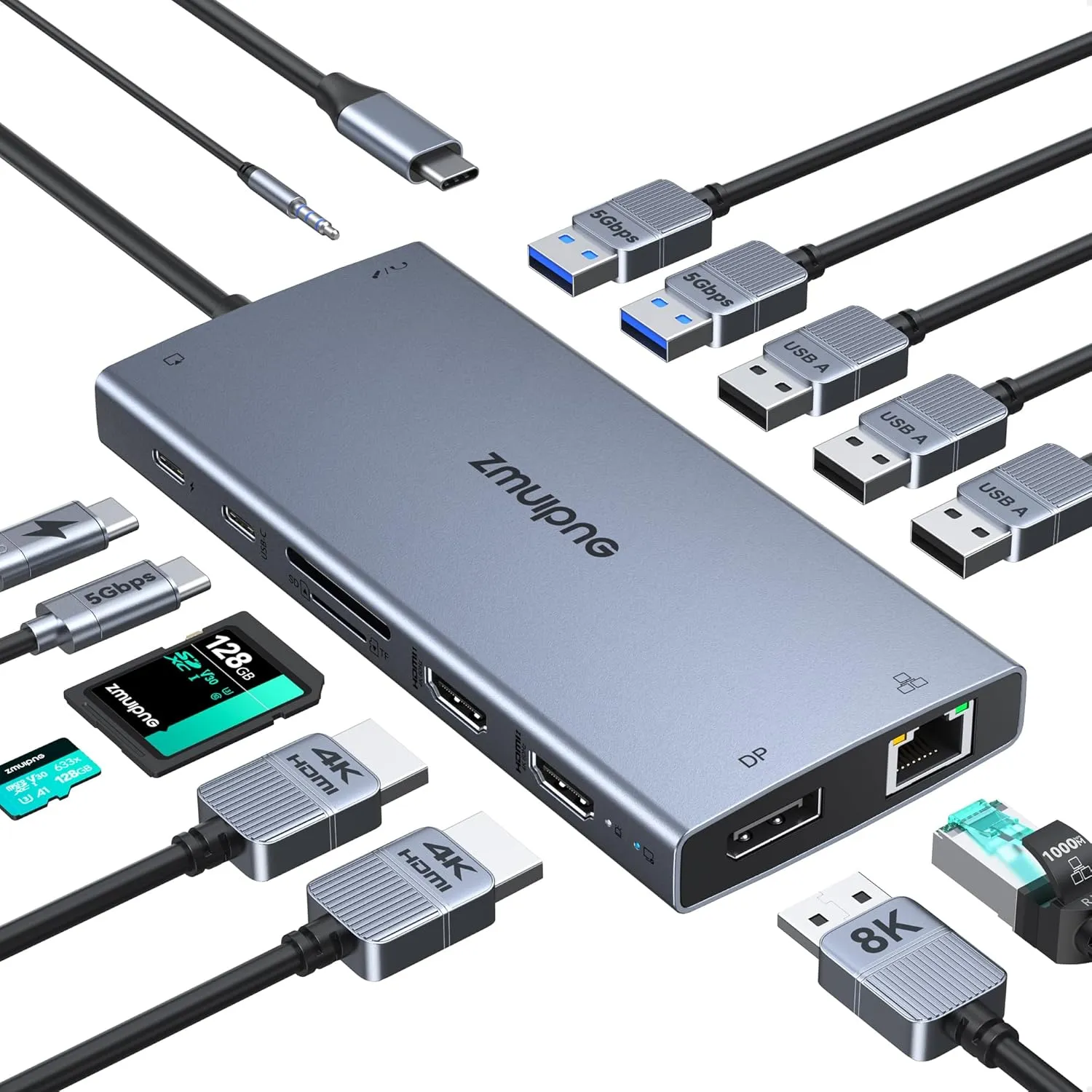 USB C Laptop Docking Station with 2 HDMI 4K@60Hz DP 8K@30Hz for Dell HP Thinkpad Surface, 15 in 1 USB C Hub Triple Display Multiple Adapter, Dongle with USB A Port Button PD Ethernet SD/TF Audio
